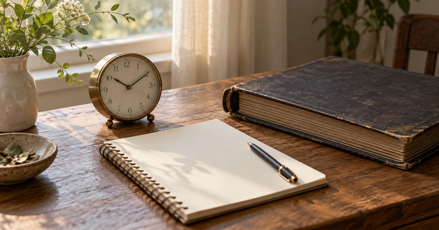 AI illustration of a clock, a blank notebook, and a family photo album placed together; contains no real birth data