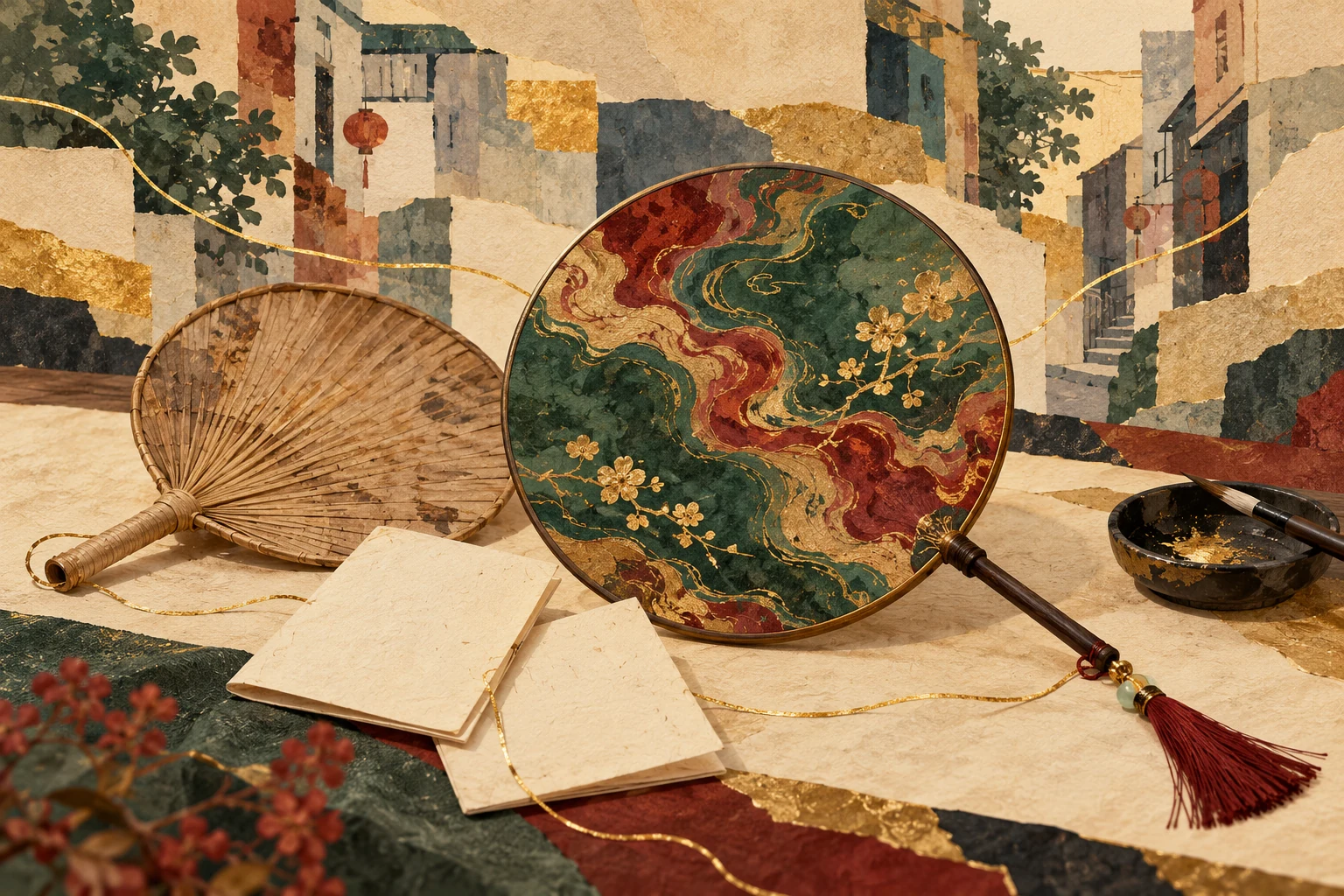 AI cultural concept illustration of lacquer art round fans, palm-leaf fans and abstract Hong Kong streets and alleys; not the scene of the Victoria Park carnival, a real view of Kwong Fuk Temple, or a demonstration of standard rituals