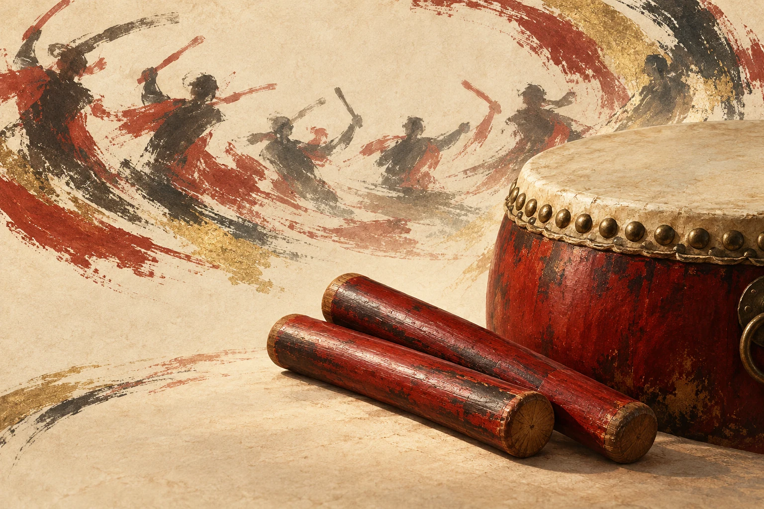 AI cultural concept illustration of double sticks, drums and an abstract formation; not the Kowloon City news scene of 2026-10-24, and not a standard movement instruction diagram